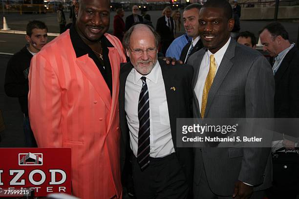 Darryl Dawkins and Albert King pose with New Jersey Governor Jon Corzine before opening night of the new IZOD CENTER on October 31, 2007 at the IZOD...