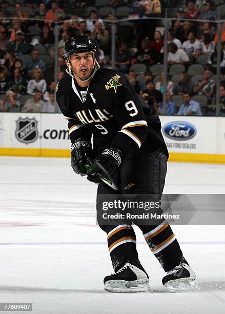 Center Mike Modano of the Dallas Stars during play with the Chicago Blackhawks at the American Airlines Center on October 31, 2007 in Dallas, Texas.