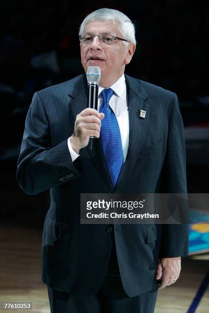 Commissioner David Stern addresses the crowd before the New Orleans Hornets play the Sacramento Kings on October 31, 2007 at the New Orleans Arena in...