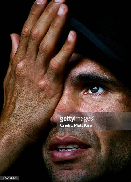 Anthony Mundine speaks to the media about his injured eye at a press conference held to announce the next bout in his World Title defence against...