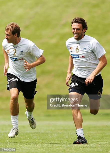 Iain Fyfe and Tony Popovich of Sydney FC have a run during a Sydney FC training session at Macquarie University Sporting Fields on November 1, 2007...