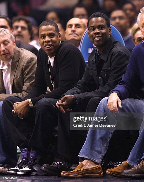 Jay-Z and Chris Rock attend the Chicago Bulls vs New Jersey Nets game at the IZOD Center on October 31, 2007 in East Rutherford, New York.