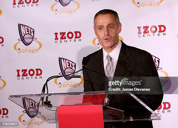Brett Yormark, President and Chief Executive Officer of Nets Sports and Entertainment, speaks at press conference before Chicago Bulls vs New Jersey...