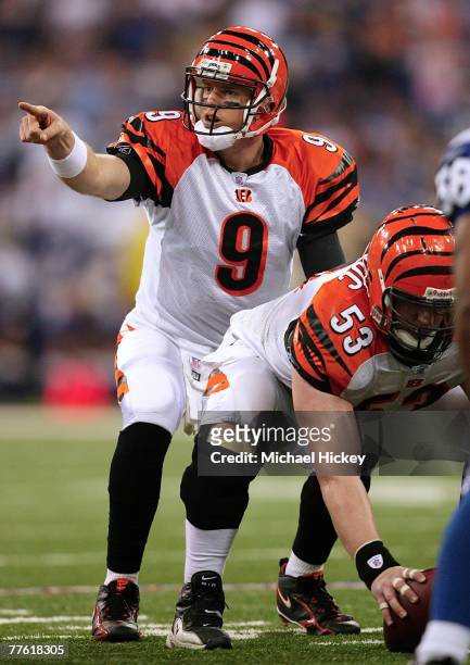 Cincinnati Bengals quarterback Carson Palmer points to the defense as he waits for the snap during action against the Indianapolis Colts at the RCA...
