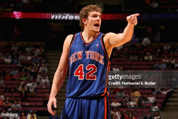 David Lee of the New York Knicks points across the court during the game against the New Jersey Nets on October 18, 2007 at the Izod Center in East...