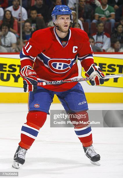 Saku Koivu of the Montreal Canadiens skates against the Boston Bruins on October 22, 2007 at the Bell Centre in Montreal, Quebec, Canada. The...