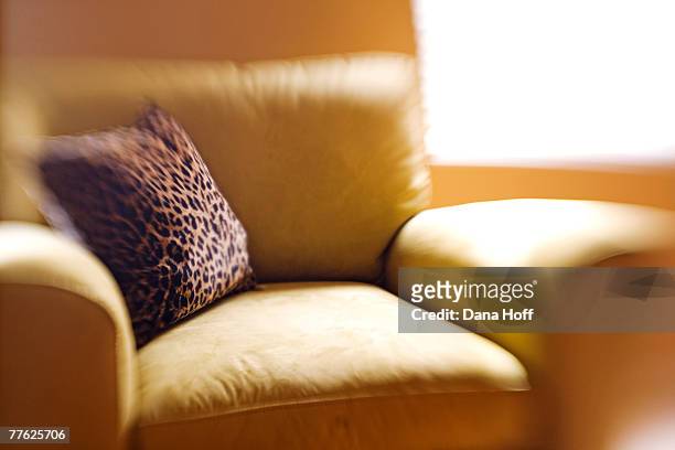 blurry yellow armchair with leopard print cushion - leopard print stock pictures, royalty-free photos & images
