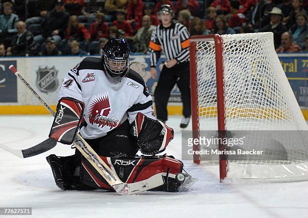 Todd Mathews of the Moose Jaw Warriors makes a save against the Kelowna Rockets on October 27, 2007 at Prospera Place in Kelowna, Canada.