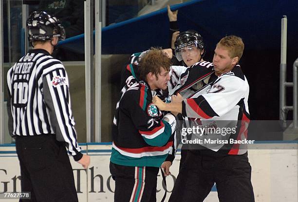 Ryley Grantham of the Moose Jaw Warriors and James McEwan of the Kelowna Rockets fought one another on October 27 at Prospera Place in Kelowna,...