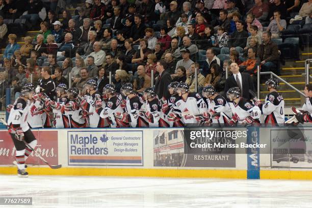 The Moose Jaw Warriors bench celebrates at the Kelowna Rockets on October 27, 2007 at Prospera Place in Kelowna, Canada