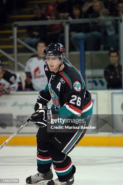 Tysen Dowzak of the Kelowna Rockets skates against the Moose Jaw Warriors on October 27, 2007 at Prospera Place in Kelowna, Canada.