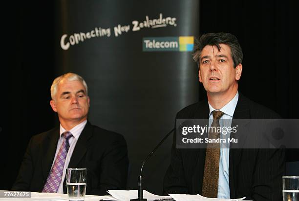 Simon Moutter , COO of Telecom listens to Paul Reynolds, CEO speak during the announcement of Telecom's 1st quarter results at the SKYCITY Convention...