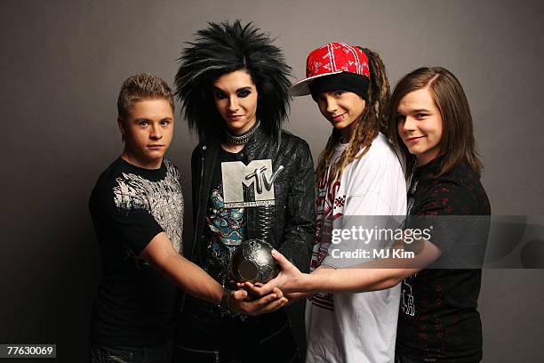 Bill Kaulitz and Tokio Hotel pose in the studio during the MTV Europe Music Awards 2007 at the Olympiahalle on November 1, 2007 in Munich, Germany.