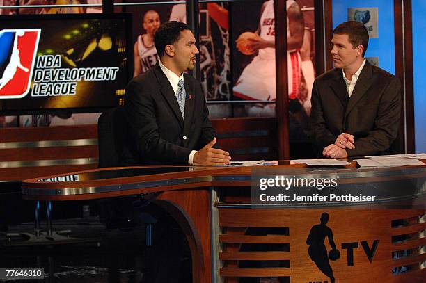 Dan Reed , President of the D League, talks basketball with Rick Kamla on the set of NBA TV during the 2007 NBA Development League Draft on November...