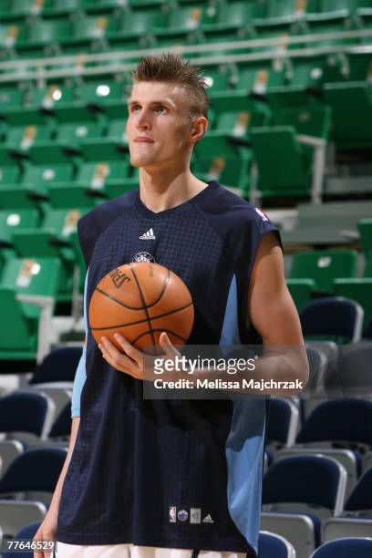 Andrei Kirilenko of the Utah Jazz warms up prior to the game against the Houston Rockets at EnergySolutions Arena on November 01, 2007 in Salt Lake...