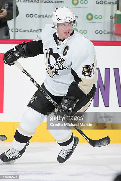 Sidney Crosby of the Pittsburgh Penguins skates prior to the game against the Colorado Avalanche at the Pepsi Center November 1, 2007 in Denver,...