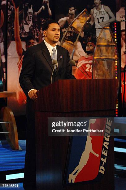 Dan Reed, President of the D League, talks basketball on the set of NBA TV during the 2007 NBA Development League Draft on November 1, 2007 in...
