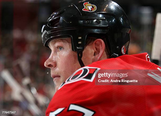 Dean McAmmond of the Ottawa Senators makes his return to the lineup against the the Atlanta Thrashers at Scotiabank Place on November 1, 2007 in...