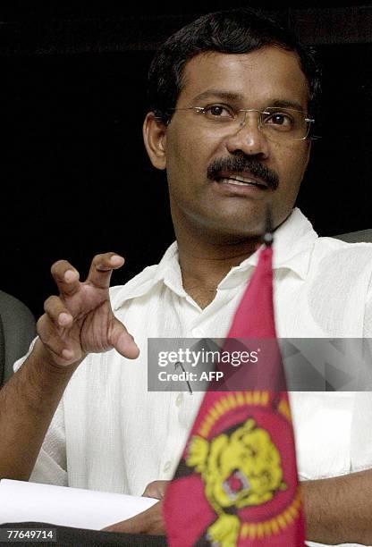 In this picture taken 16 September 2005, senior leader of the political wing of Sri Lanka's Liberation Tigers of Tamil Eelam S. P. Thamilselvan...
