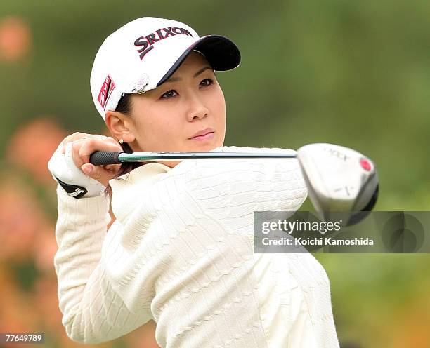 Miho Koga of Japan watches her tee shot on the second hole during the Mizuno Classic Day 1, at Kintetsu Kashikojima Country Club, on November 2 in...