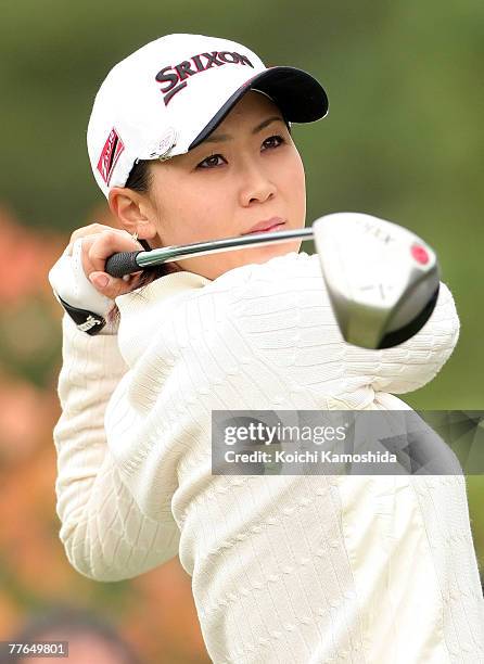 Miho Koga of Japan watches her tee shot on the second hole during the Mizuno Classic Day 1, at Kintetsu Kashikojima Country Club, on November 2 in...