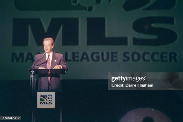 Alan Rothenberg, chairman of Major League Soccer and president of United States Soccer announces the teams that will open its inaugural season in...