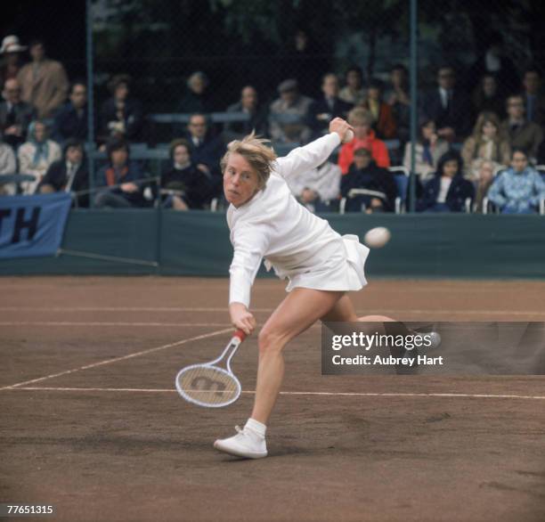 English tennis player Ann Jones competing at the Queen's Club, London, circa 1970.