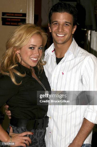 Sabrina Bryan and Mark Ballas stars of "Dancing with the Stars" pose as they visit Avenue Q on Broadway at The John Golden Theater on November 1,...