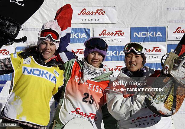 Switzerland's Manuela Laura Pesko, 3rd, Norway's Kjersti Buaas, winner and China's Xu Chen, 2nd, pose during the podium ceremony of the Womens'...