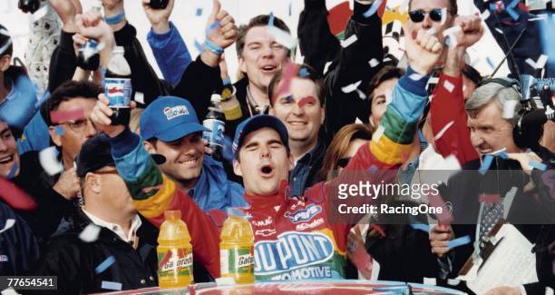 Fast-rising NASCAR star Jeff Gordon celebrates his 1997 win in the Daytona 500. 1997 was Gordon?s first of three wins in NASCAR?s biggest race.