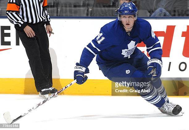Jiri Tlusty of the Toronto Maple Leafs skates up ice during game action against the Washington Capitals October 29, 2007 at the Air Canada Centre in...
