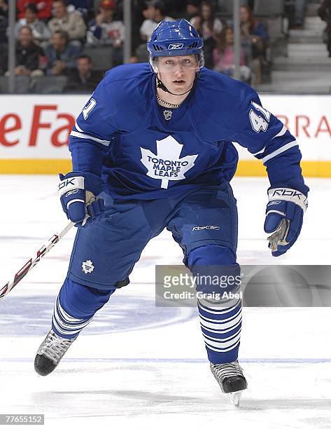 Jiri Tlusty of the Toronto Maple Leafs skates up ice during game action against the Washington Capitals October 29, 2007 at the Air Canada Centre in...