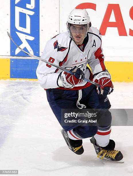 Alexander Ovechkin of the Washington Capitals skates up ice during game action against the Toronto Maple Leafs October 29, 2007 at the Air Canada...