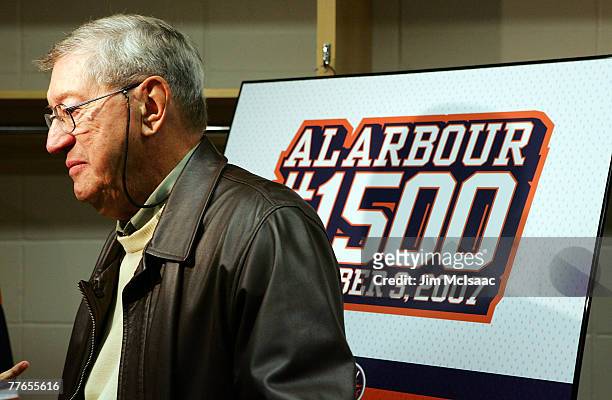 Hall of Famer and former head coach of the New York Islanders Al Arbour speaks to the media during a press conference on November 2, 2007 at Nassau...