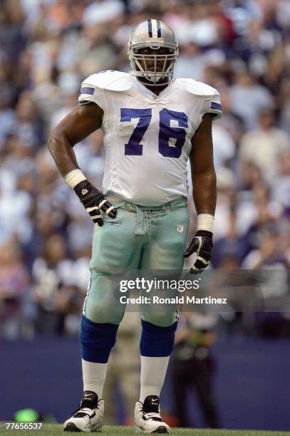 Flozell Adams of the Dallas Cowboys stands on the field during the game against the Minnesota Vikings at Texas Stadium on October 21, 2007 in Irving,...