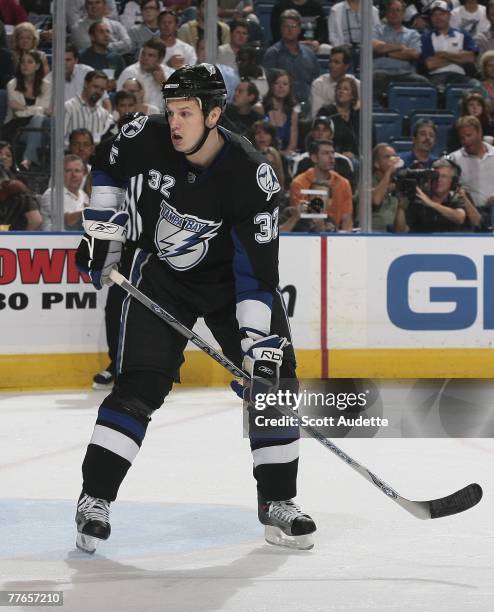 Matt Smaby of the Tampa Bay Lightning defends the goal area against the Philadelphia Flyers at St. Pete Times Forum on October 25, 2007 in Tampa,...