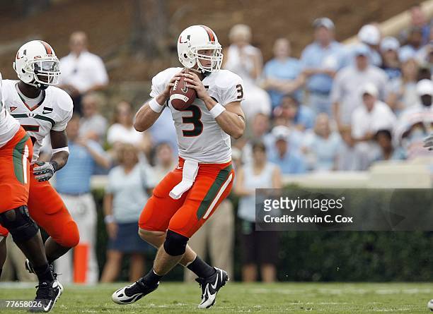 Quarterback Kyle Wright of the Miami Hurricanes looks to pass during the game against the North Carolina Tar Heelsat Kenan Stadium on October 6, 2007...