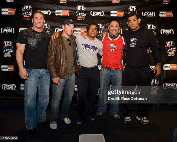 Coaches Ken Shamrock , Pat Miletich , Carlos Newton , Renzo Gracie , and Marco Ruas pose for a picture during the weigh-in for the IFL World Grand...