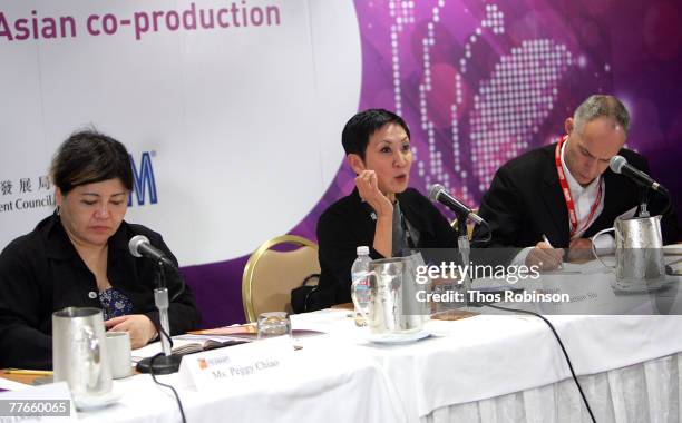 Arc Light Films producer Peggy Chiao, Film Workshop Co. Ltd. Executive producer Nansun Shi, and moderator Patrick Frater speak during the panel...