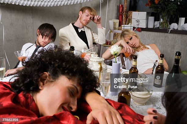 drunk bride with guests at wedding reception - drunk husband stock pictures, royalty-free photos & images