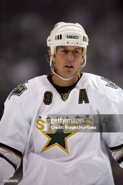 Center Mike Modano of the Dallas Stars during play against the Phoenix Coyotes at the American Airlines Center on November 2, 2007 in Dallas, Texas.