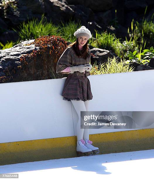 Leighton Meester on the set of "Gossip Girl" at Wollman Rink on November 2, 2007 in New York City.