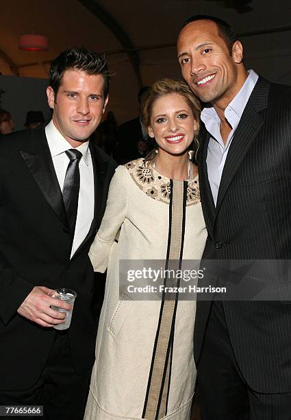 Writer/Director Richard Kelly, actress Sarah Michelle Gellar and actor Dwayne "The Rock" Johnson attend the Airborne & AFI FEST 2007 presented by...