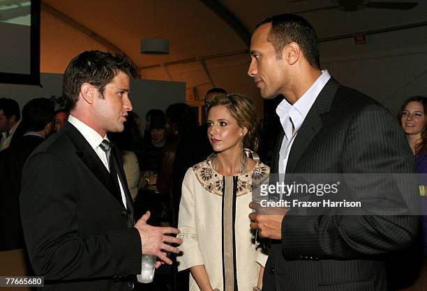 Writer/Director Richard Kelly, actress Sarah Michelle Gellar and actor Dwayne "The Rock" Johnson attend the Airborne & AFI FEST 2007 presented by...