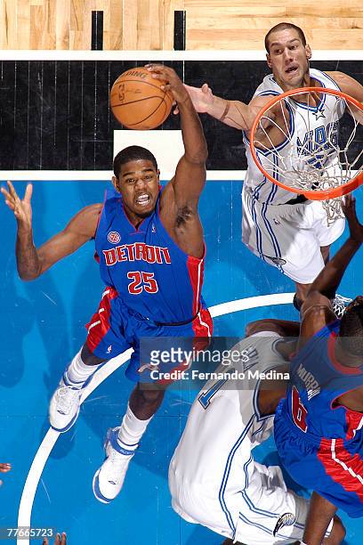 Amir Johnson of the Detroit Pistons grabs a rebound against the Orlando Magic at Amway Arena on November 2, 2007 in Orlando, Florida. NOTE TO USER:...