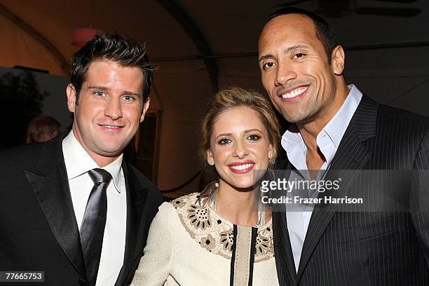 Writer/director Richard Kelly, actress Sarah Michelle Gellar and actor Dwayne "The Rock" Johnson attend the Airborne & AFI FEST 2007 presented by...