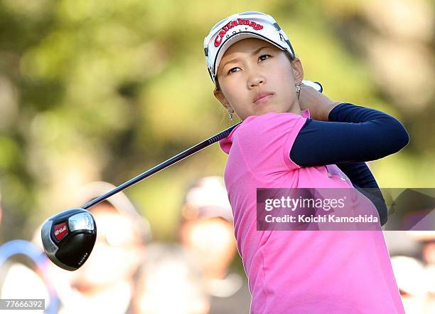 Momoko Ueda of Japan makes a tee shot on the 18th hole during the second round of the LPGA Mizuno Classic at Kintetsu Kashikojima Country Club, on...