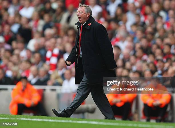 Sir Alex Ferguson manager of Manchester United shouts from the touchline during the Barclays Premier League match between Arsenal and Manchester...