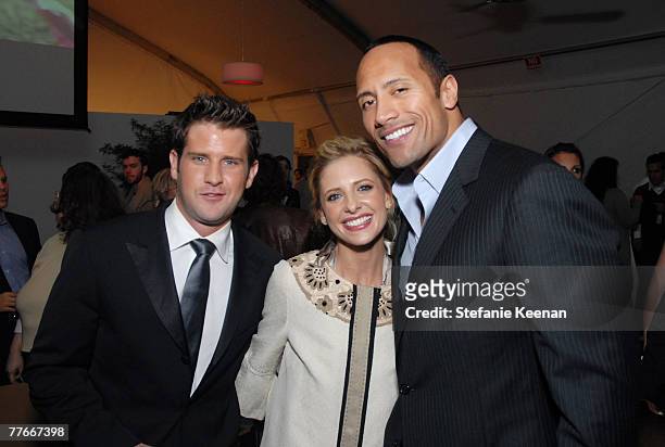 Director Richard Kelly, Actress Sarah Michelle Gellar and Actor Dwayne "The Rock" Johnson attend the Airborne After-Party for Southland Tales...