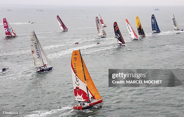 Monohulls take the start of the transatlantic pair race between Le Havre, northwestern France and Salvador in Brasil, 03 November 2007 off Le Havre....